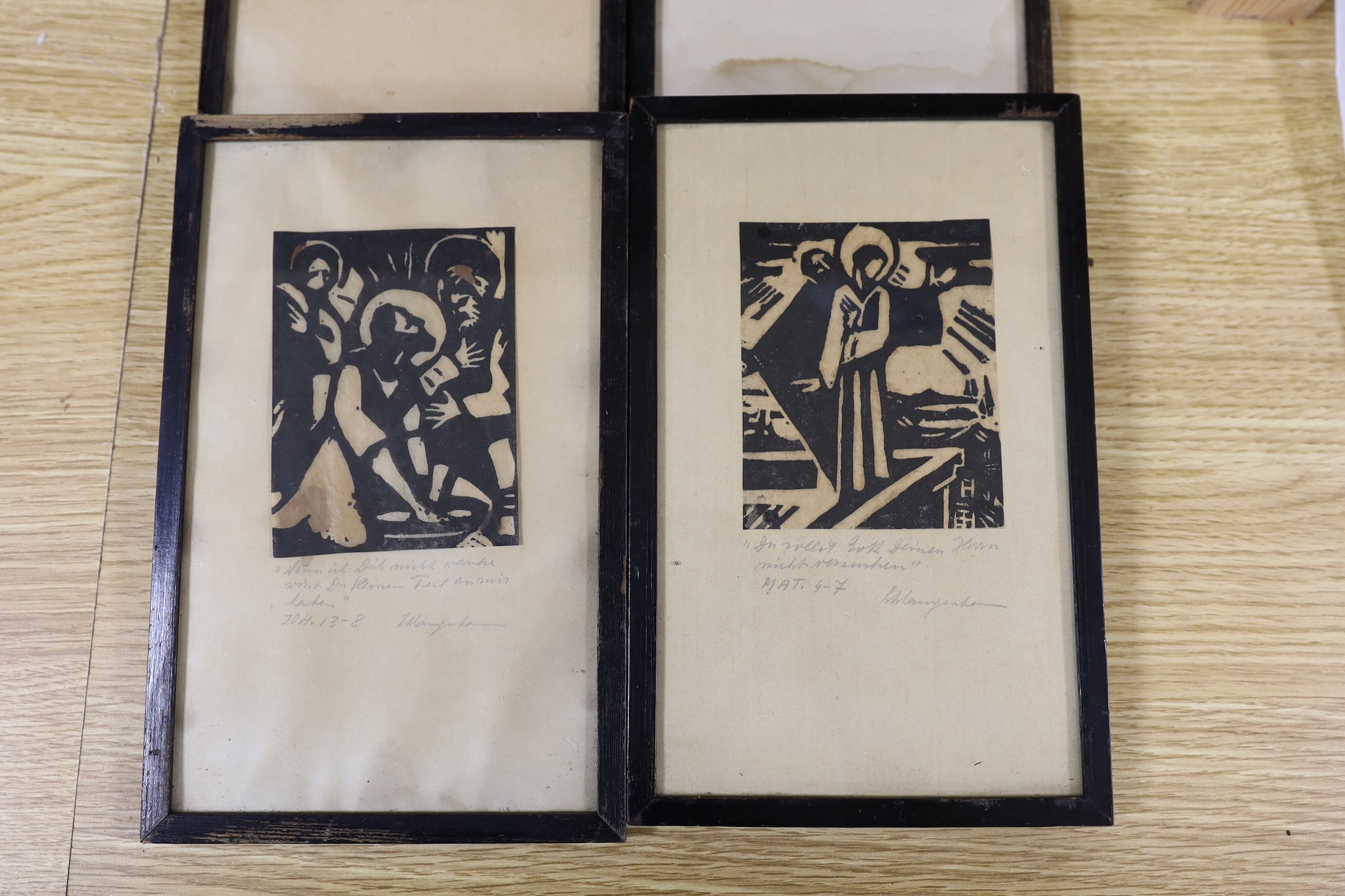 A group of six German woodblock prints, titled biblical scenes, frames 24 x 15cm